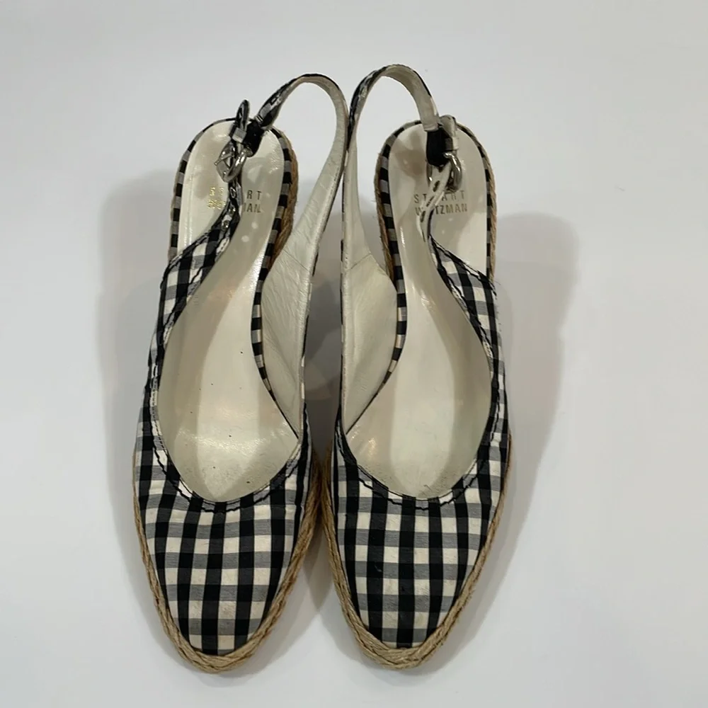 Stuart Weitzman Wedge Espadrille Heels Navy And White Gingham Size 8